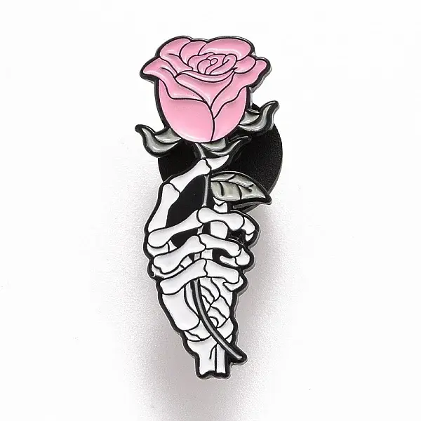 Hand Skeleton with Rose Enamel Pin