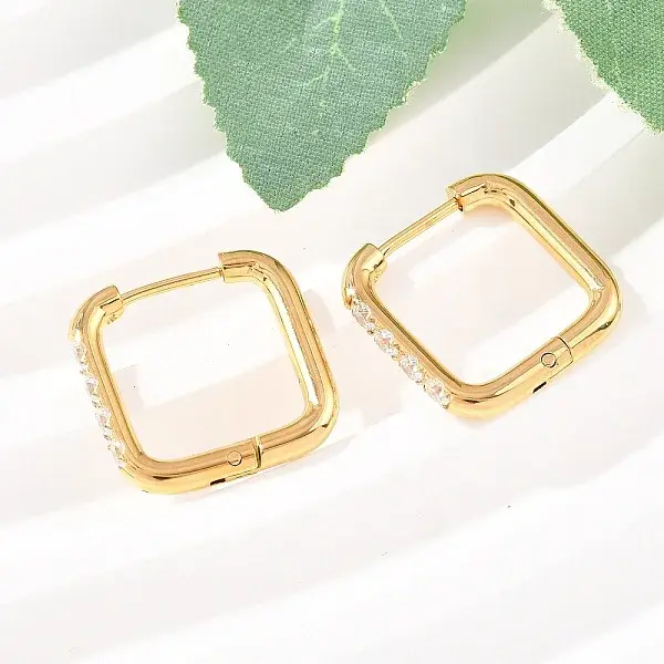 304 Stainless Steel Clear Cubic Zirconia Square Hoop Earrings