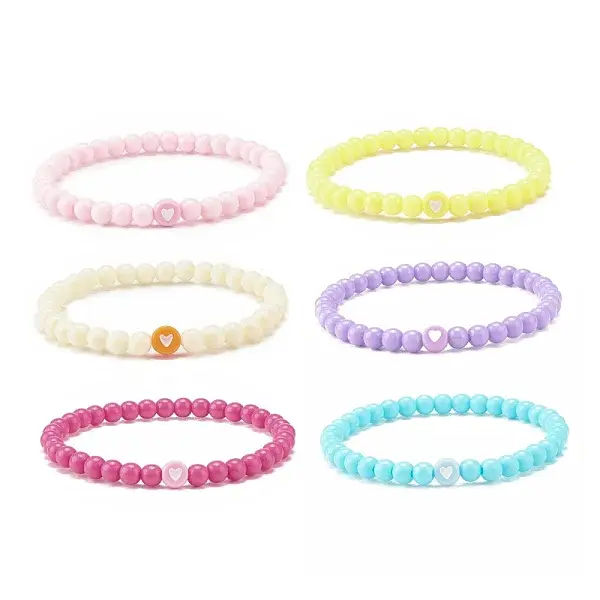 6Pcs 6 Color Flat Round with Heart Acrylic Beaded Stretch Bracelets Set for Women