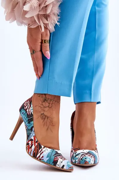 Lewski Shoes Módní kožené boty Lewski na vysokém podpatku 2659 Zeleno modrá