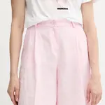 Lněné kraťasy Sisley dámské, růžová barva, high waist, 4AGHL901K