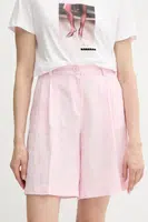 Lněné kraťasy Sisley dámské, růžová barva, high waist, 4AGHL901K