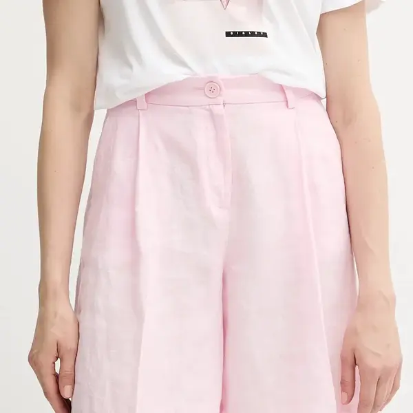 Lněné kraťasy Sisley dámské, růžová barva, high waist, 4AGHL901K