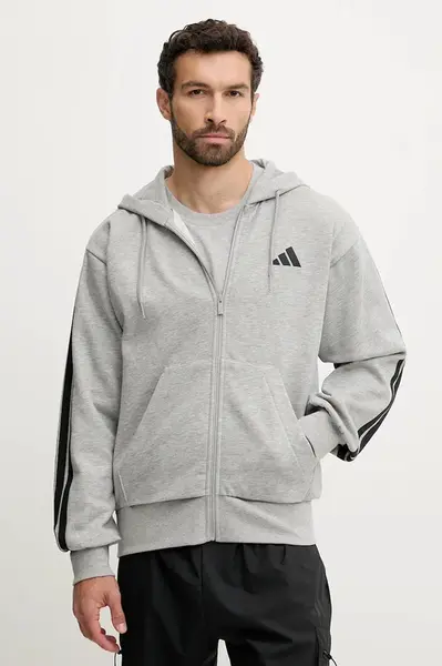 Mikina adidas Essentials pánská, šedá barva, s kapucí, s aplikací, JD1865