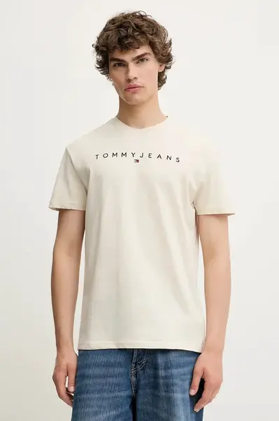 Bavlněné tričko Tommy Jeans pánské, béžová barva, s aplikací, DM0DM20744