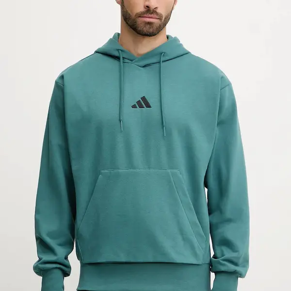 Mikina adidas Feelcozy pánská, tyrkysová barva, s kapucí, s aplikací, KB7650
