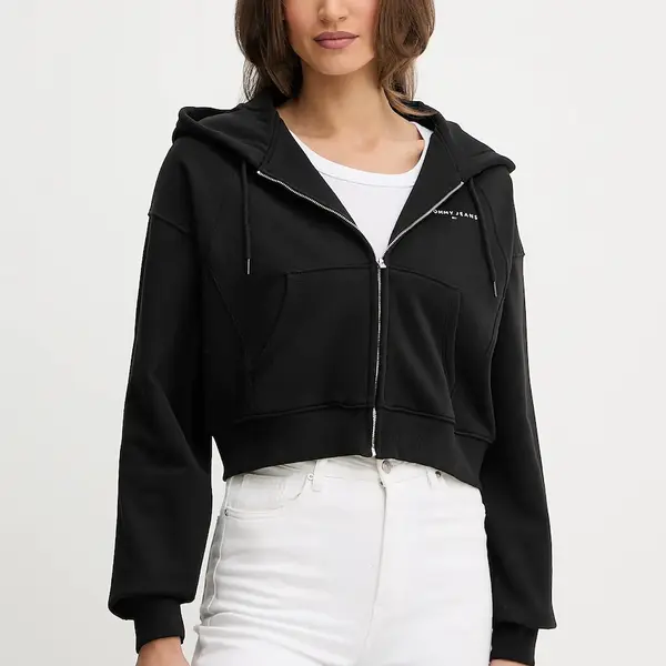 Mikina Tommy Jeans dámská, černá barva, s kapucí, hladká, DW0DW21163