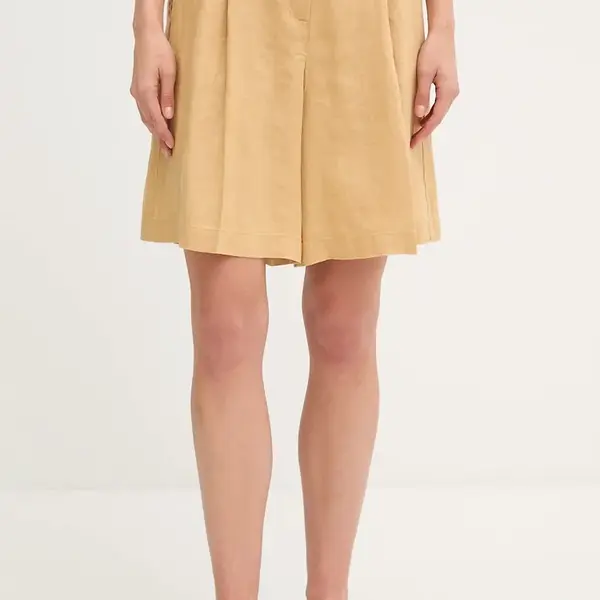 Lněné kraťasy Sisley dámské, zelená barva, high waist, 4AGHL901K