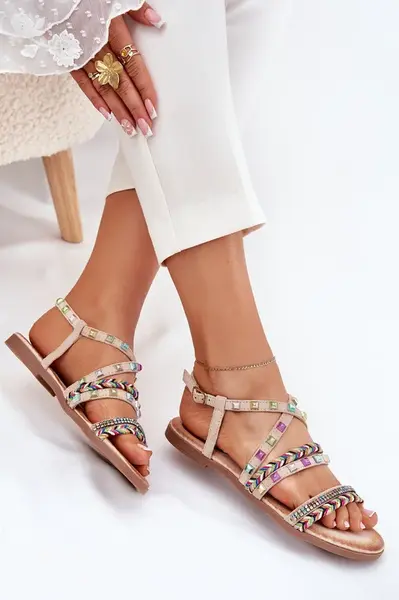 Boto Dámské Sandály Se Zdobením A Pletenými Pásky Béžové Delyra