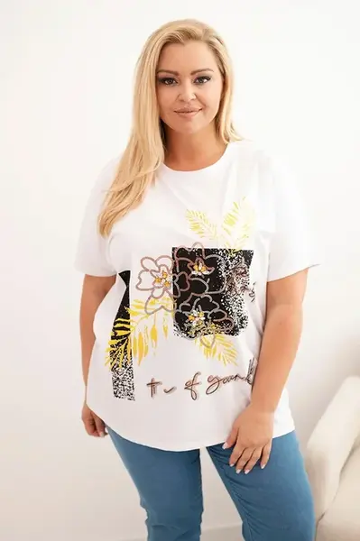 Kesi Włoski Dámská bavlněná halenka Plus Size s ozdobným květinovým potiskem bílá + žlutá