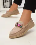 Resti Eco suede light brown women's moccasins with decorative crystals Nellens- Footwear