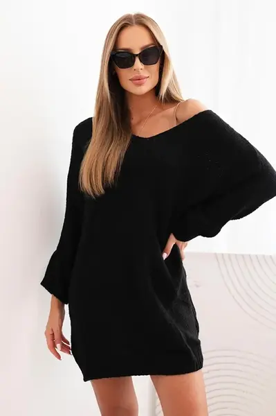 Kesi Włoski Dámské šaty Plus Size vlněné s výstřihem do V černá