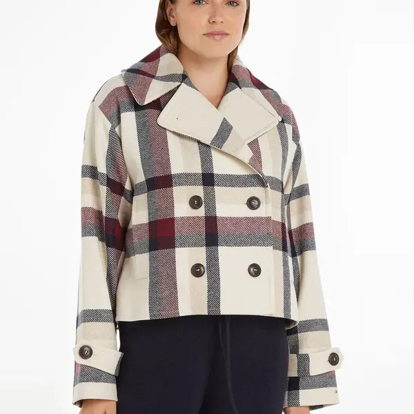 Béžový dámský krátký kabát s příměsí vlny Tommy Hilfiger - Dámské