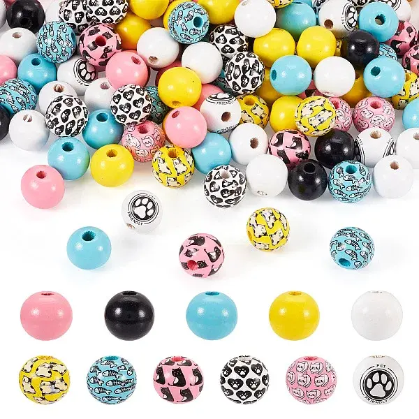 160Pcs Painted Natural Wood European Beads