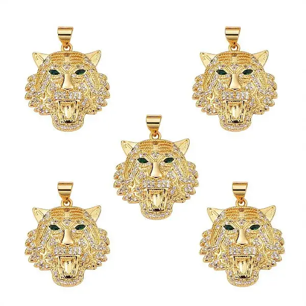 5Pcs Brass Micro Pave Clear & Green Cubic Zirconia Pendants