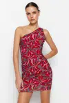 Trendyol Claret Red Floral Asymmetrical Collar Pleated Lined Mini Knitted Tulle Dress