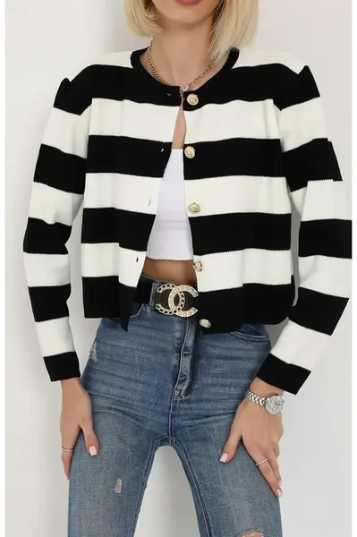 74390 Dewberry Crew Neck Striped Crop Cardigan-BLACK
