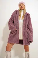 Trend Alaçatı Stili Women's Dusty Rose Double Pocket Front Button Oversize Plush Jacket