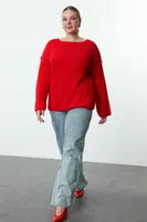 Trendyol Curve Red Boat Neck Stitching Detailed Knitwear Sweater