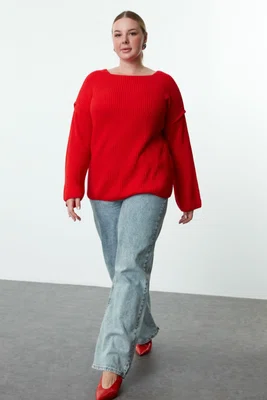 Trendyol Curve Red Boat Neck Stitching Detailed Knitwear Sweater