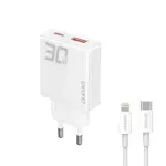 Dudao A30EUL GaN sieťová nabíjačka USB / USB-C 30W + kábel USB-C / Lightning, biela