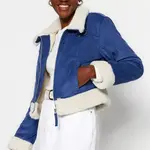 Trendyol Indigo Velvet Plyšový kabát pro motorkářské bundy