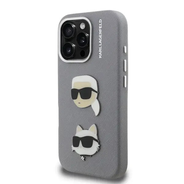 Zadní kryt Karl Lagerfeld Grained PU K&CH Heads pro Apple iPhone 16 Pro Max, šedá