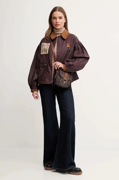Voskovaná bunda Barbour x Farm Rio vínová barva, přechodná, oversize, LWX1505