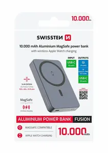 SWISSTEN POWER BANK FUSION 10000 mAh S NABÍJENÍM APPLE WATCH (kompatibilní s MagSafe) STŘÍBRNÁ