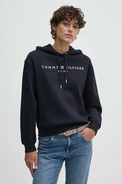 Mikina Tommy Hilfiger dámská, tmavomodrá barva, s kapucí, s aplikací, WW0WW43598