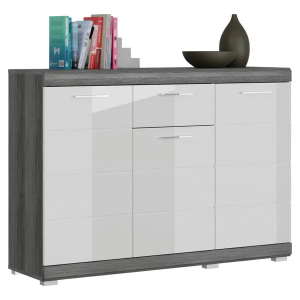 MID.YOU KOMODA, vysoce lesklá bílá, tmavě šedá, 120/85/37 cm
