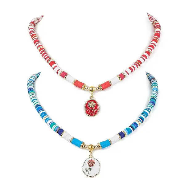2Pcs 2 Style Alloy Enamel Flower Pendant Necklaces Set