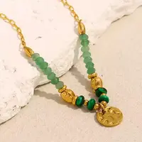 Stainless Steel Disc Pendant Natural Green Aventurine & Synthetic Malachite Beaded Necklaces for Women