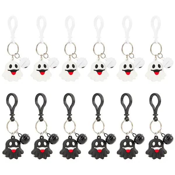 12Pcs 2 Colors Halloween Theme Cute Cartoon PVC Ghost Pendant Keychain with Bell Charm