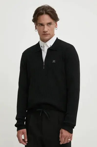 Svetr z vlněné směsi HUGO Sastoro pánský, černá barva, lehký, 50524556