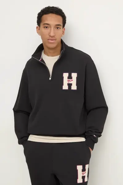 Bavlněná mikina Tommy Jeans pánská, černá barva, s aplikací, DM0DM21263