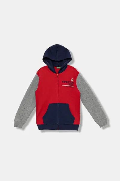 Dětská bavlněná mikina United Colors of Benetton červená barva, s kapucí, vzorovaná, 3J68C505C