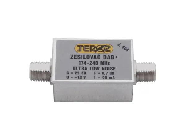 Anténní zesilovač TEROZ 604X, nízkošumový, DAB, G23dB, F0,7dB, U>120dBμV, F-F