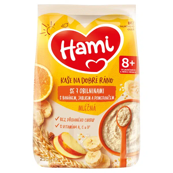 HAMI Mléčná kaše se 7 obilninami s banánem, jablkem a pomerančem na Dobré ráno 8m+ 210 g