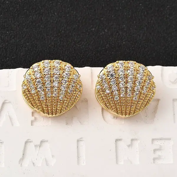 Brass Micro Pave Clear Cubic Zirconia Shell Shape Hoop Earrings