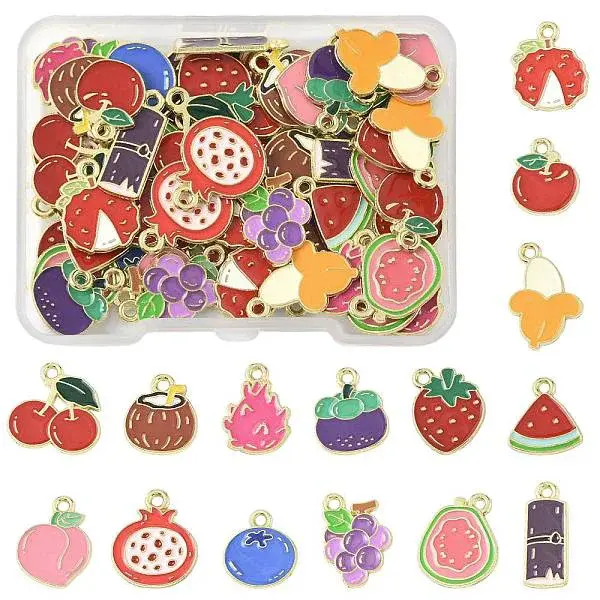 60Pcs 15 Styles Fruit Alloy Enamel Charms