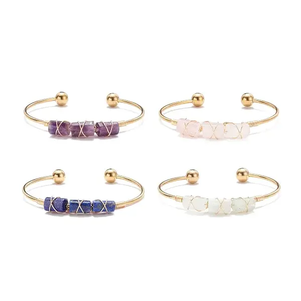 Natural Mixed Stone Beads Wrapped Cuff Bangle