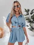 Komplet damski lniany oversize LINEN LOVE jasnoniebieski Dstreet