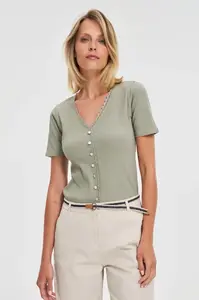 Marisse Olive Blouse With Lace Neckline
