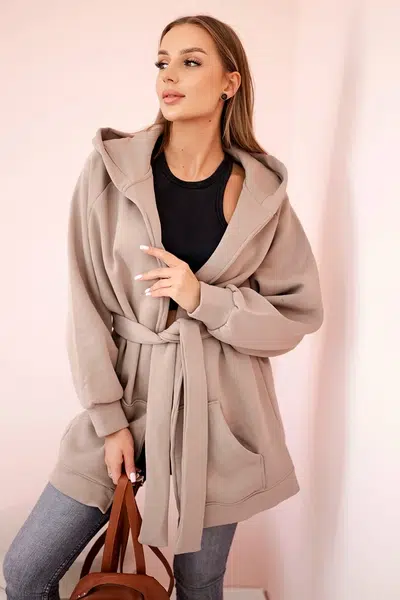 Insulated cape with waist tie dark beige