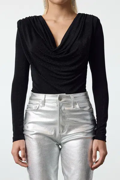 Trendyol Black Ruffle Collar Glitter Knitted Bodysuit