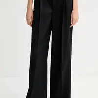 Vlněné kalhoty Kenzo dámské, tmavomodrá barva, široké, high waist, FF62PA1099ID