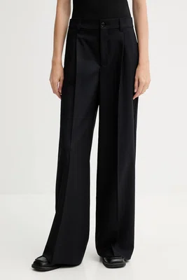 Vlněné kalhoty Kenzo dámské, tmavomodrá barva, široké, high waist, FF62PA1099ID