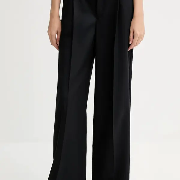 Vlněné kalhoty Kenzo dámské, tmavomodrá barva, široké, high waist, FF62PA1099ID