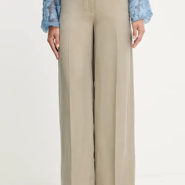 Kalhoty Guess ERNESTINE dámské, béžová barva, široké, high waist, W5YB02 WH5N2